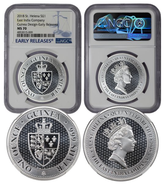 2018 St. Helena Silver 1 oz MS70 NGC (4853015-009) Guinea Design