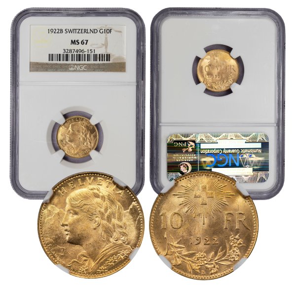 1922-B Switzerland 10 Francs Gold Vreneli MS67 NGC (3287496-151)